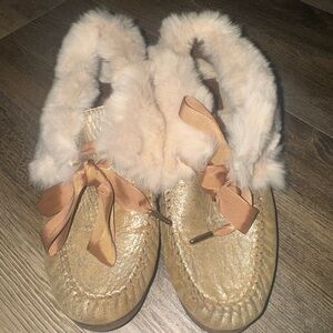 Tory Burch Gold Moccasin Slippers with Faux Fur Trim
